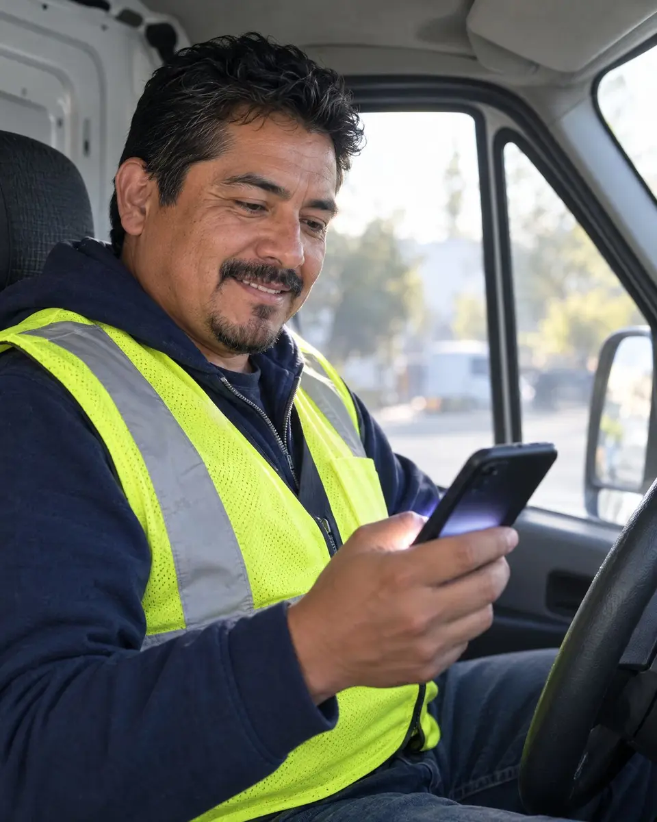 Operador en la cabina de una van mirando su teléfono