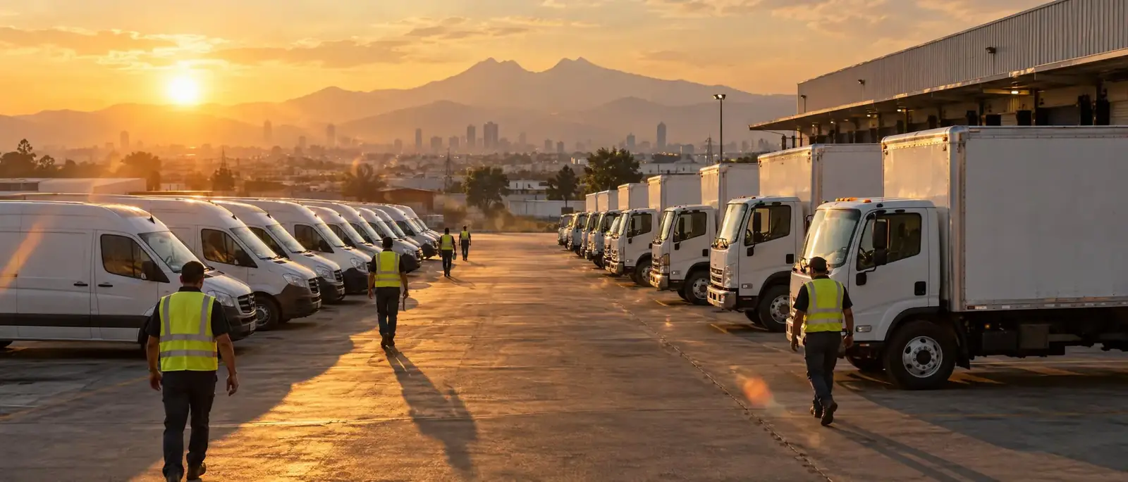 Flotilla de vans y camiones en un patio de distribución al atardecer